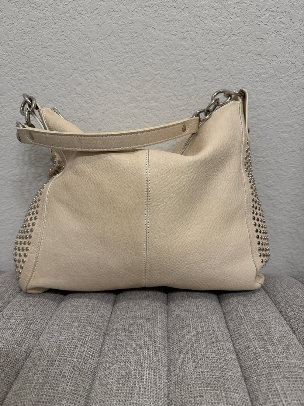 Furla Cream Studded Leather Hobo Shoulder Bag